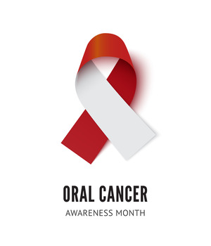 Red and white ribbon with words “Oral Cancer Awareness Month”